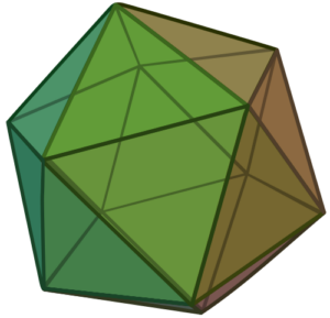 Ikosaederet har 20 sideflader, som allesammen er ligesidede trekanter.