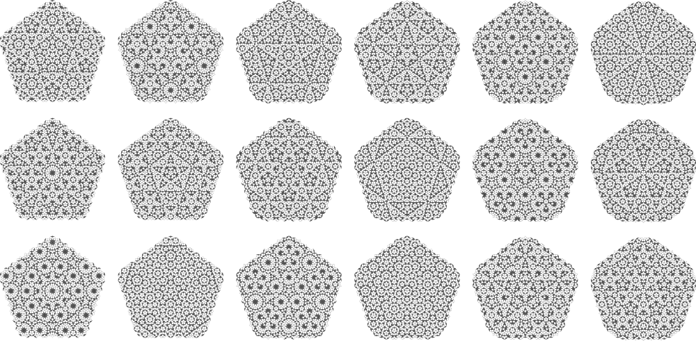 Penrosemønstre fremkommet ved "cut and project" med planer parallelle med den, der giver det sædvanlige Penrosemønster. (Wikipedia Creative Commons)